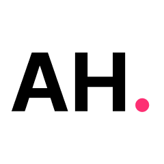 Image of the sites logo, whit capital letter A and H plus a magenta dot.